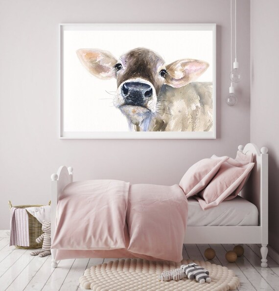 Watercolor Cow Print Vegan gift Farmhouse Art Calf Print Rustic Home Decor