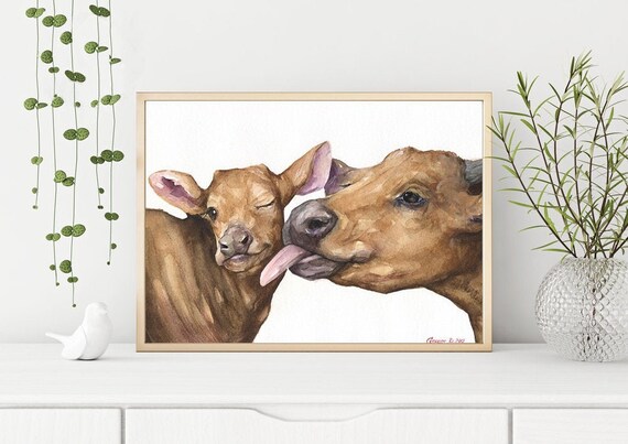 Watercolor Cow Print Vegan gift Farmhouse Art Calf Print Rustic Home Decor