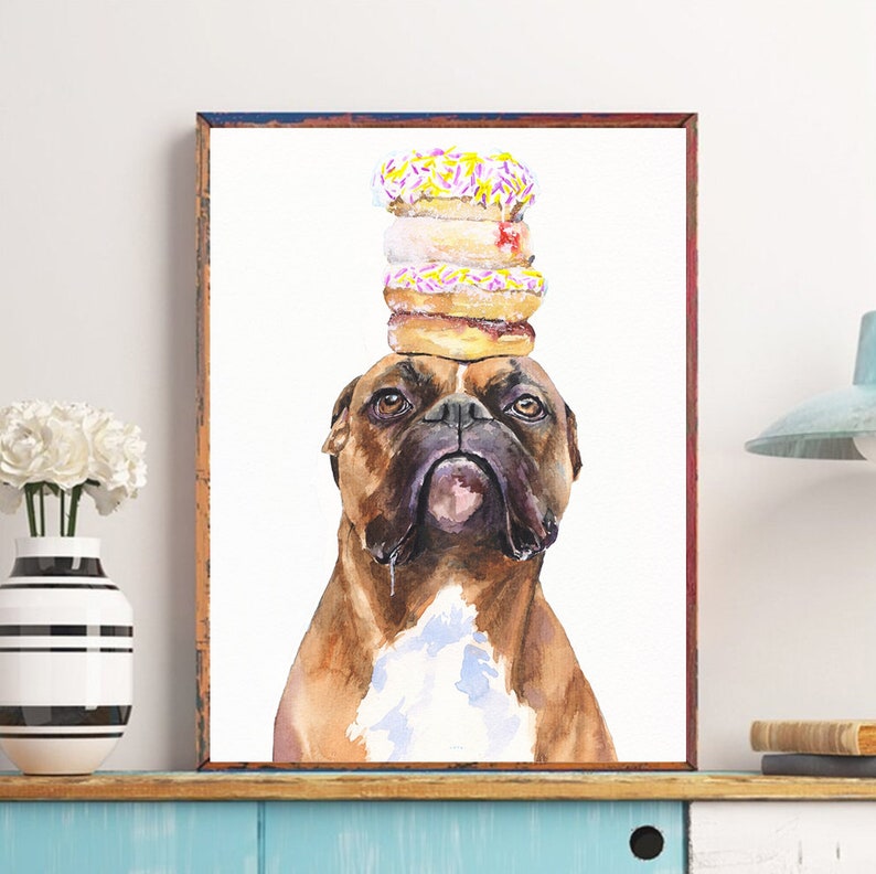 Boxer Print,Boxer Decor Boxer Wall Art,Camper Decor,Rustic,veterinarian gift dog and food funny print,donuts decor, Boxer Watercolor