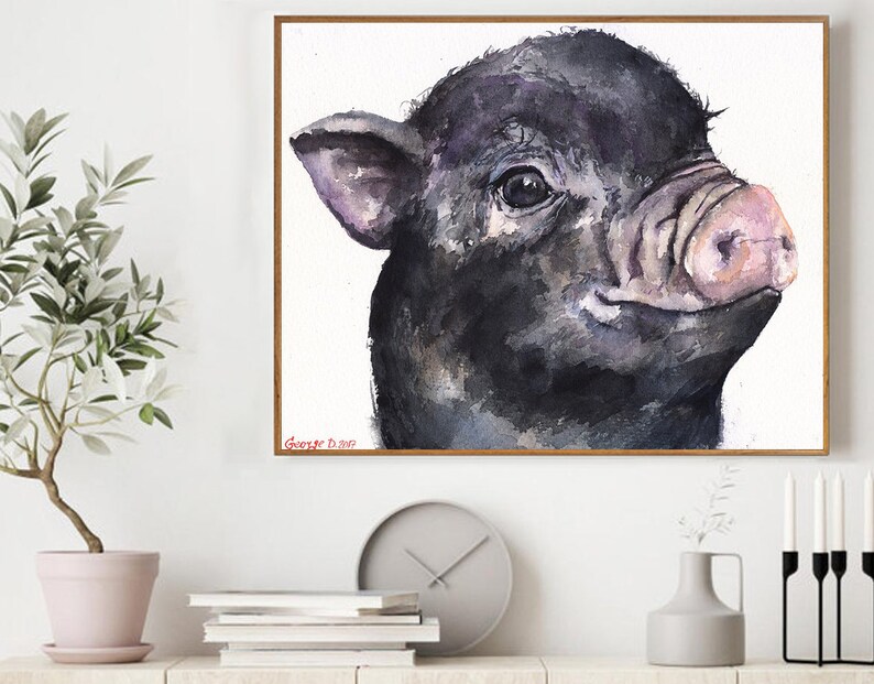 Black Pig Print Farmhouse Decor Farm Animals Bedroom Outdoor Wall Housewarming Gift Cabin George Dyachenko