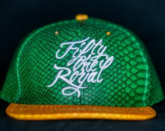 Green and yellow snakeskin cap for sale, Unique green and yellow snake print hat, Custom snake skin baseball hat in green and yellow, snake