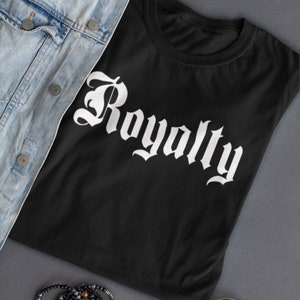 Royalty theme T-shirts for men, King and queen couples T-shirt, Royal symbols on clothing, Royal crest design apparel, Royalty T-shirts