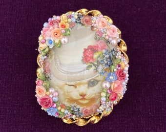 White Kitten Roses Cameo Brooch, Winking Cat in a WhiteTop Hat Pin.