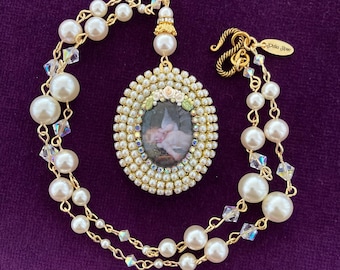 Sleeping Cherub, Leon Jean Basile Perrault Art, Locket, Pearl Necklace.