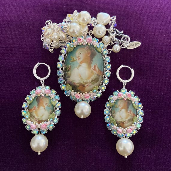 Fragonard, Young Girl Freeing A Bird, Rococo Jewelry Set: Fragonard Art, Necklace & Earrings.