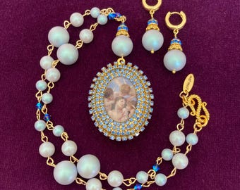 Venus with Cupids, Light Blue Pearl, Locket and Drop Earrings, Jewellery Set.