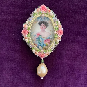 Victorian Rose Cameo Brooch: &#39;Christy Girl&#39; Art, Swarovski Crystals