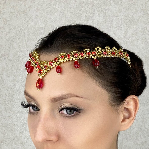 Accessorio per le prestazioni dei capelli della ballerina, copricapo, ballerina di tiara, Odalisca, ballerina del ballerino del tempio Corona rossa e oro, La Bayadère