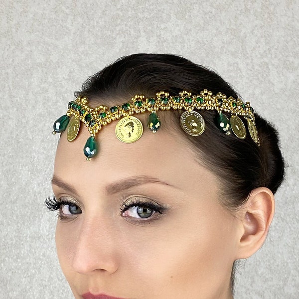 Gipsy forehead tiara for Esmeralda, emerald green, gold monist coins Dancer headpiece, ballerina accessory in gipsy style, ballet diadema