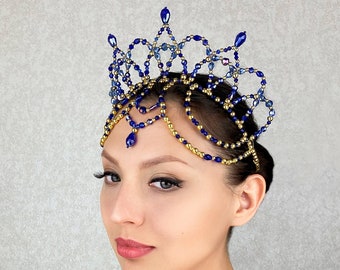 Corona da ballerina, tiara balletto cristalli blu royal gioielli in oro, diadema per performance, accessorio per capelli ballerino Princess Aspicia, La Bayadere