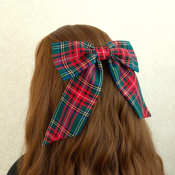 Oversized red green tartan fabric hair bow gift for women girl elegant ladie French barrette checkered tie bow giant hair clip accessory