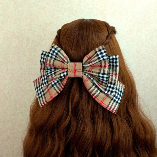 Oversized beige tartan fabric hair bow, gift for women, girl, elegant ladie, French barrette checkered tie bow giant hair clip accessory