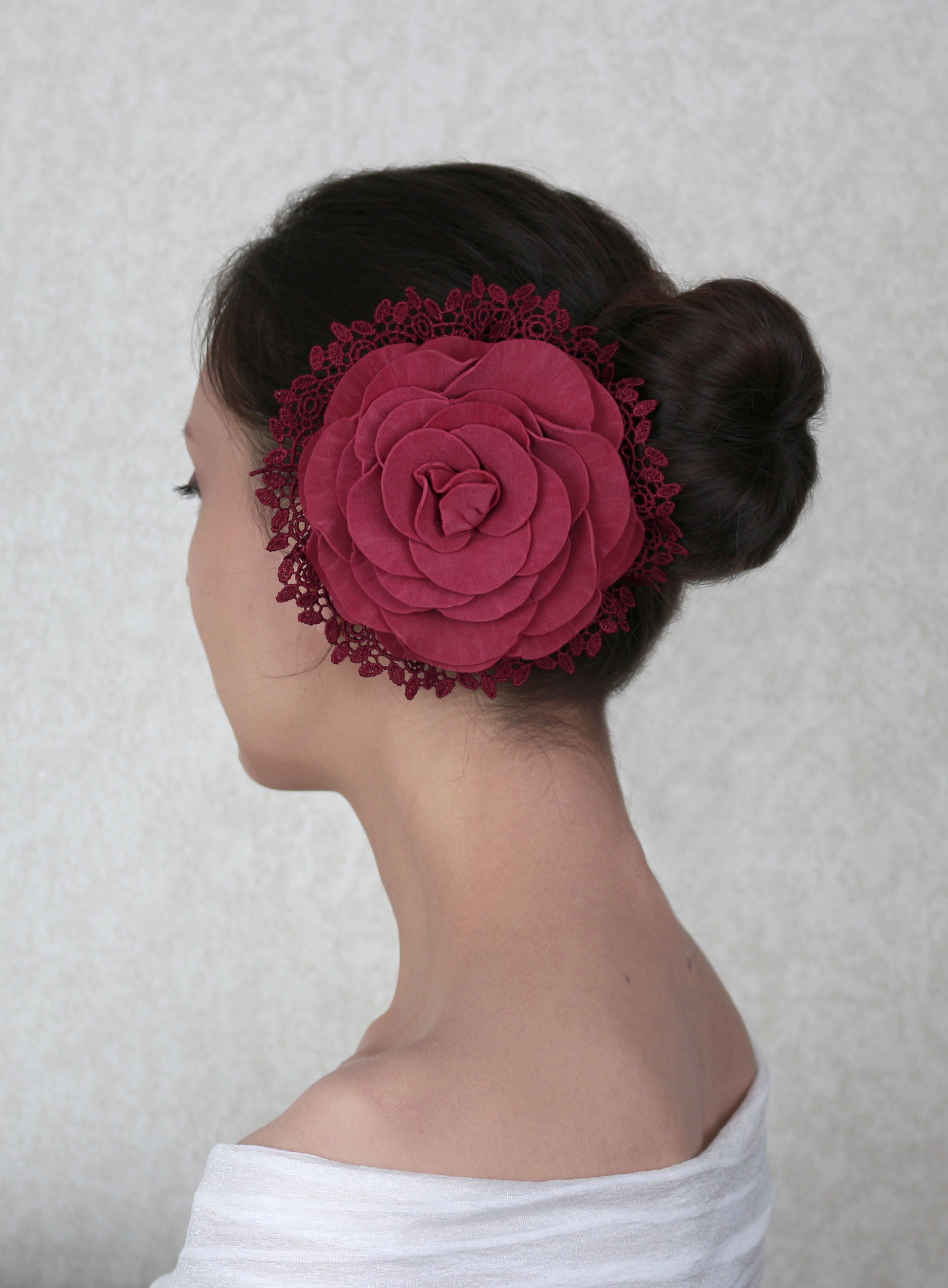 Carmen Ballet maroon rose for spanish dance, lace accessorie Paquita Don Quixote Flamenco dancer hair comb, ballet variations sevillanas