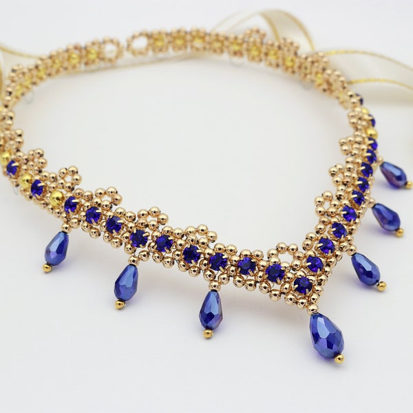 Sapphire gold headpiece for ballet performance, ballerina dancer tiara, royal blue crown The Temple Dancer Nikiya, La Bayadère, head jewelry