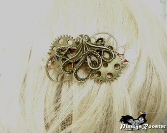 Steampunk Octopus Barrette: Goth Hair Clip, Wearable Art