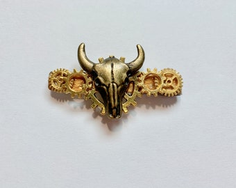 Cowboy Gift For Him Steampunk Cowboy Tie Bar Tie Clip Metal Gears Clockwork Gift for Him Antiqued Brass Color and Bronze Steer Skull