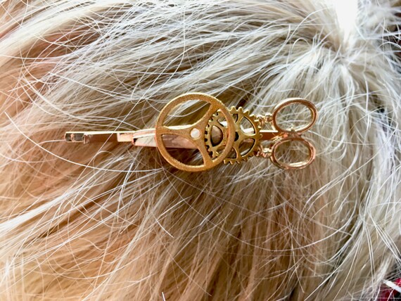 Short Hair Steampunk Barrette Scissor And Gears Hair Clip Etsy