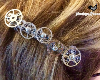 Steampunk Long Hair Barrette Metalhead Hair Clip Steampunk Wedding Accessory Steampunk Jewelry #PR73