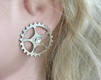 Steampunk Jewelry Earrings Gears Earrings Steampunk Bride Metalhead Earrings Goth Earrings Steampunk Studs Swarovski Earrings  #PR199