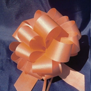 May include: A peach-colored satin bow with long tails. The bow is tied in a classic, symmetrical shape with multiple loops and layers. The bow is perfect for adding a touch of elegance to gifts, crafts, or home decor.