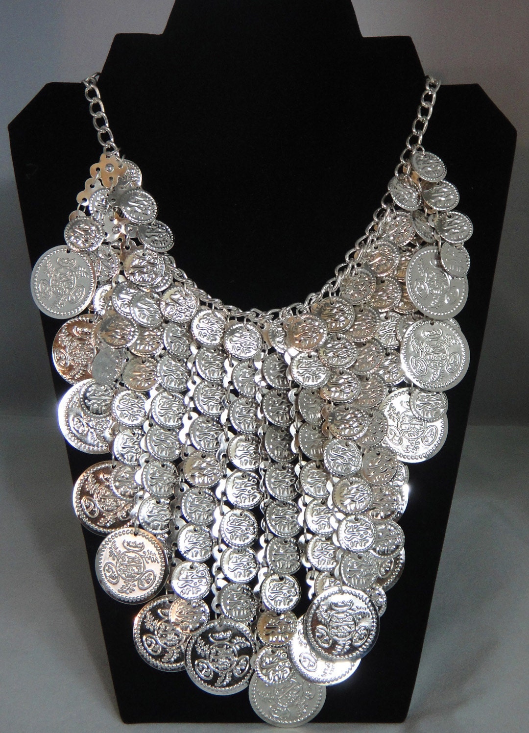 Egyptian Costume Jewelry Necklace Metal Silver Tone Coins Handcrafted