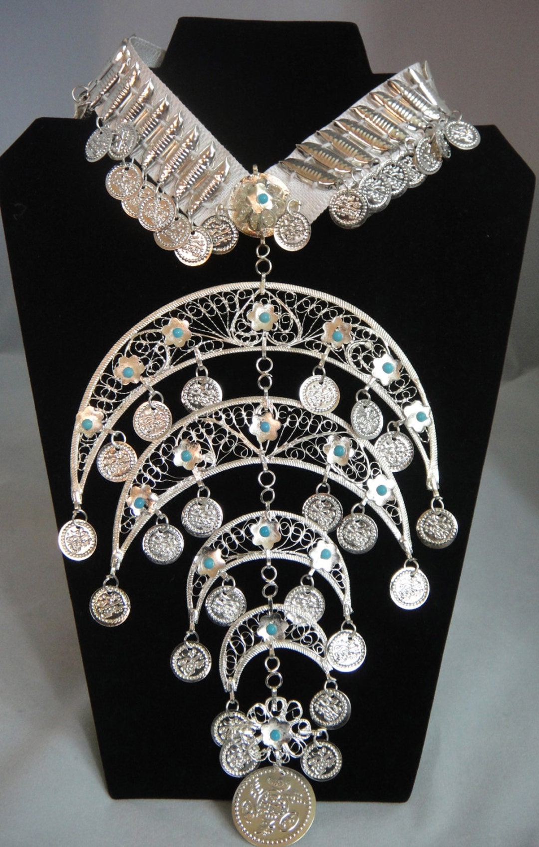 Egyptian Costume Jewelry Necklace Metal Silver Tone Coins Handcrafted