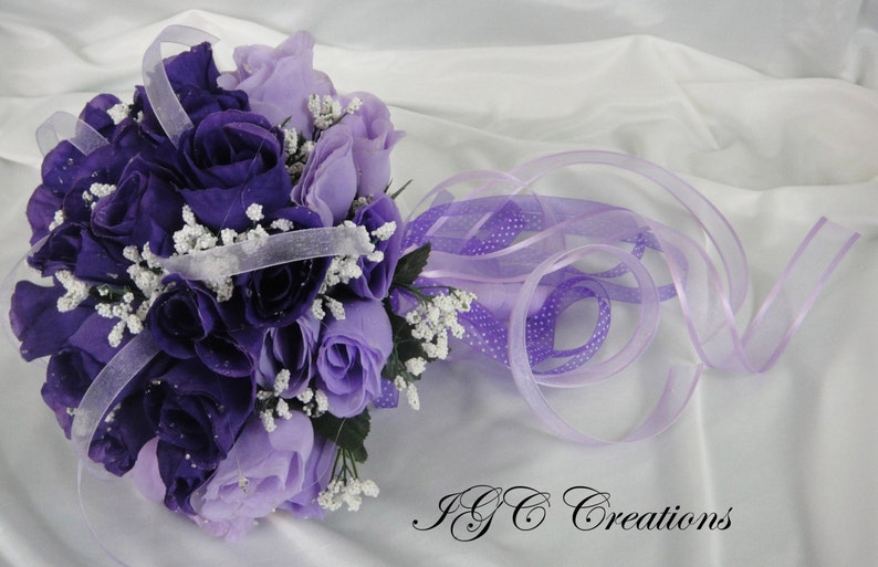 Silk Rose Flowers Purple and Lavender With Raindrops Organza Grosgrain Ribbons SRWB-005 Wedding Bridal Floral Bouquet