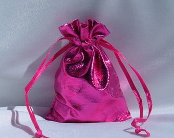 3x4 Metallic Lame Wedding Favor Gift Bags/Pouches - Hot Pink - Satin Ribbon Closure