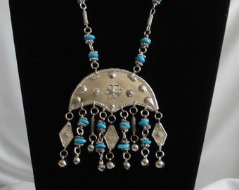 Egyptian Costume Jewelry - Necklace - Metal Silver Tone With Blue Beads - Handcrafted Gift - Egypt - (EGYNC016)