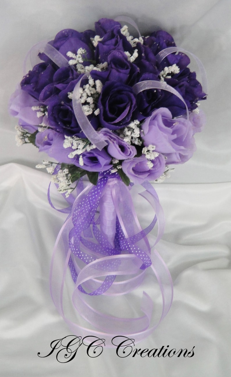 Silk Rose Flowers Purple and Lavender With Raindrops Organza Grosgrain Ribbons SRWB-005 Wedding Bridal Floral Bouquet