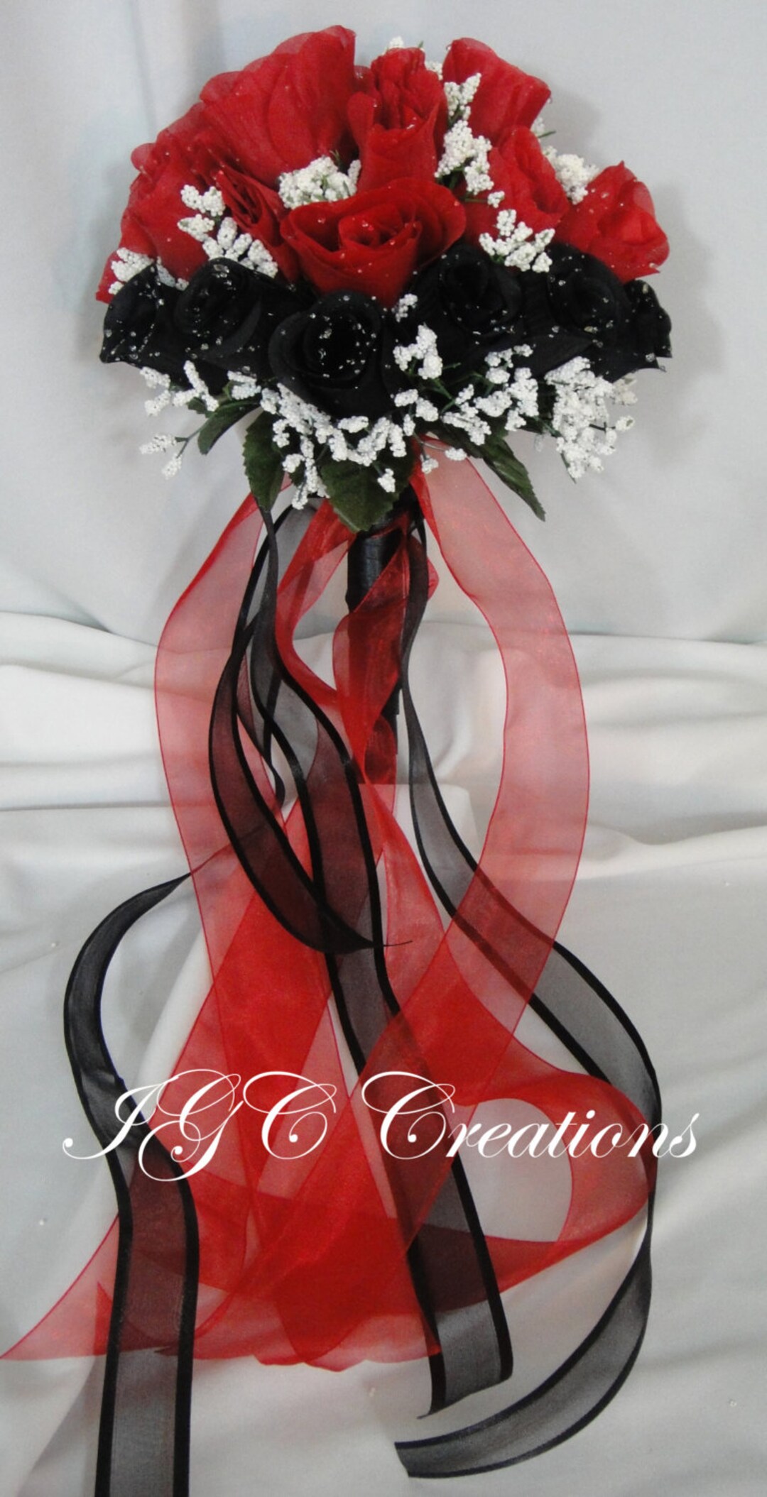 Wedding Bridal Floral Bouquet - Silk Rose Flowers - Red and Black With ...