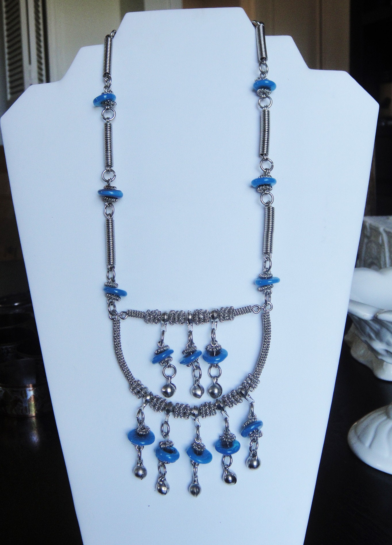 Egyptian Costume Jewelry Necklace Metal Silver Tone With Blue Beads