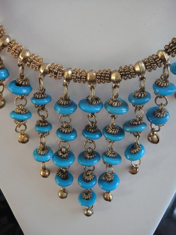 Egyptian Costume Jewelry Necklace Metal Gold Tone Blue Beads