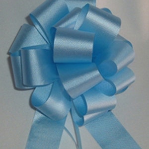 May include: A light blue satin bow with a long tail. The bow is tied in a simple knot and is perfect for adding a touch of elegance to any gift.