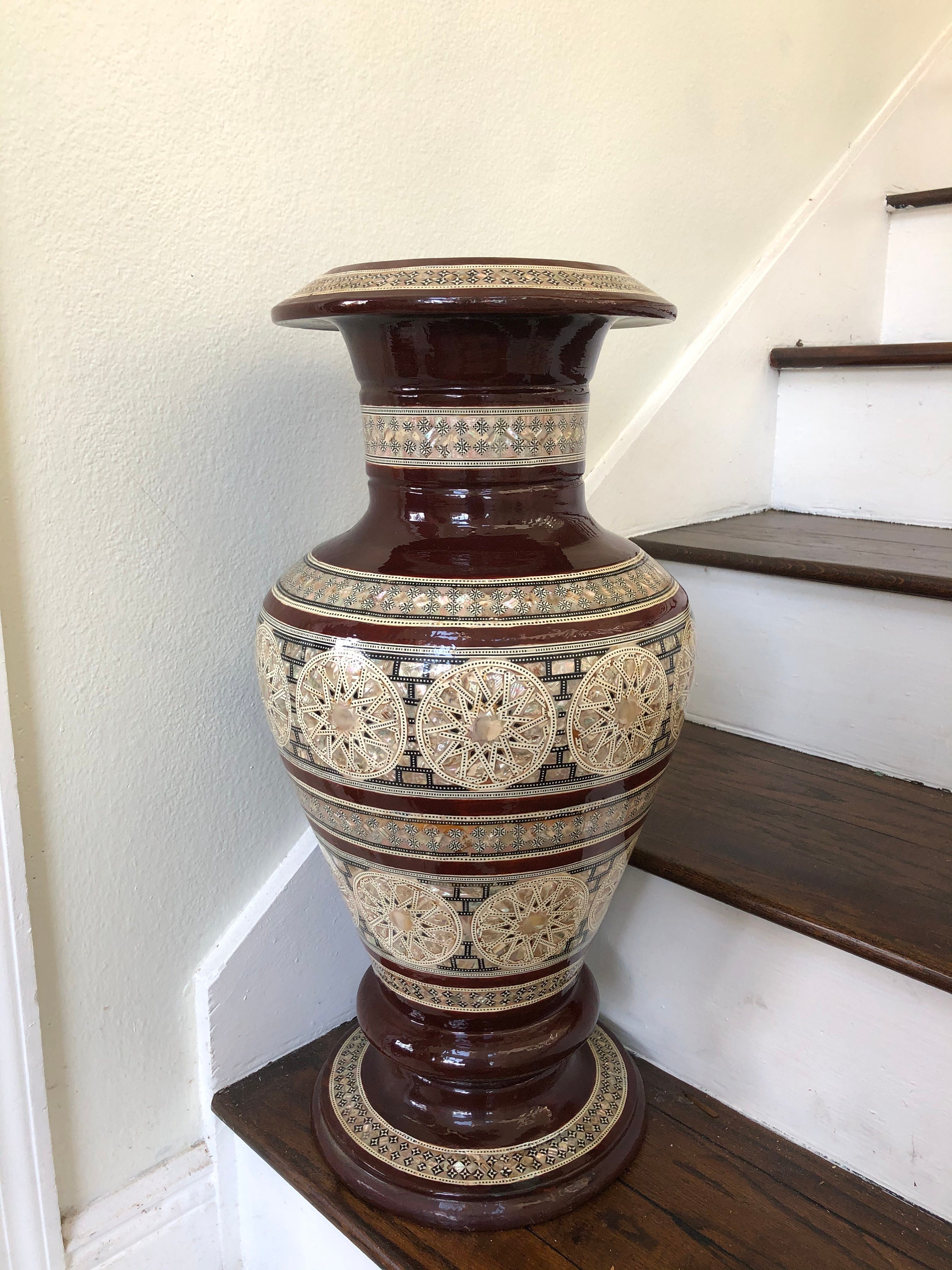 Large Vintage Egyptian Inlaid Mother of Pearl Floor Size Vase Unique