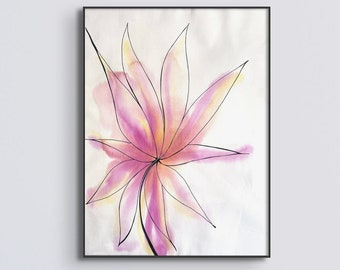 Pink Flower Painting, Large Pink Wall Art, Water Color Flowers, Modern Watercolor Art, Line Art Flower, Framed Art, Abstract Pink Flower