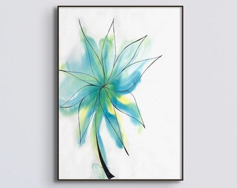 Blue Flower Painting, Large Blue Wall Art, Water Color Flowers, Modern Watercolor Art, Line Art Flower, Framed Art, Abstract Blue Flower