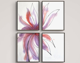 Framed large abstract water color original accent painting of a flower in purple orange silver, modern, minimal colorful one of a kind art