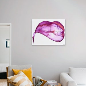 Lips Painting, Purple Print Art, Modern Watercolor Art, Abstract Living Room, Vertical Wall Decor, Unique Artwork, Line Art, Lips Print