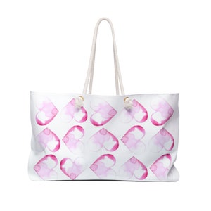Sac fourre-tout rose et blanc, sac fourre-tout blanc, sacs uniques pour femme, sac de week-end pour femme, grand sac fourre-tout, grand sac coeurs roses, sac fourre-tout coeurs
