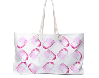 Pink and White Tote Bag, White Tote Bag, Unique Bags for Women, Weekender Bag Women, Large Tote Bag, Pink Hearts Large Bag, Hearts Tote Bag