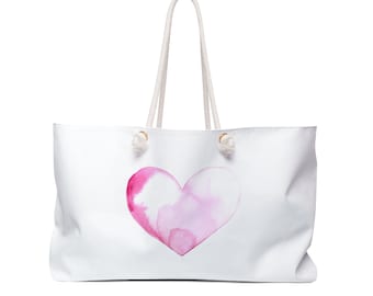 Big Heart Tote Bag, Pink Heart White Tote Bag, Unique Bags for Women, Weekender Bag Women, Large Tote Bag, Pink Weekend Bag, Hearts Tote Bag