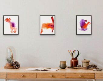 Three framed abstract water color original accent painting in purple and orange, modern wall art decor, colorful, minimal one of a kind art