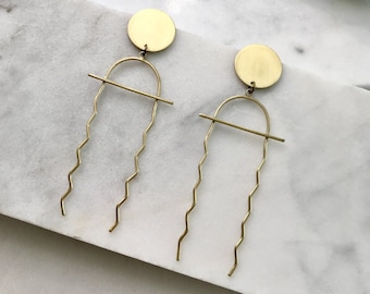 RAMPART STUDS - delicate lightweight boho minimal chic funky brass earrings handmade cool wavy gold cute dangle stud unique