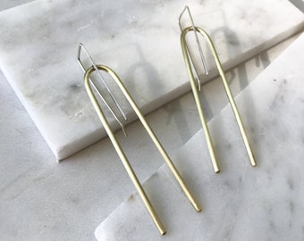 TALLIS EARRINGS - long big chunky minimal modern brass handmade silver mixed metal cool sleek slide symmetrical balanced gold unique bold