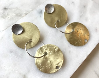 CRATER STUDS - funky ear jackets earring studs oxidized silver minimal textured modern simple mixed metal cool retro chunky handmade brass