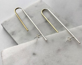 HALF LIGHT STUDS - modern contemporary mixed metal brass silver minimal long simple chunky simple elegant essential everyday studs earrings