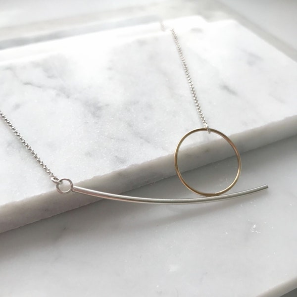 BALANCE NECKLACE - Handmade asymmetrical minimalist geometric contemporary abstract elegant simple mixed metal necklace pendant