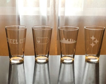 Pittsburgh Glasses - Pint Glass Gift Set- 4 Pint Glasses - Pittsburgh  -  Barware - Steelers - Penguins - Pirates