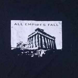 May include: A black t-shirt with a white graphic of a building and the text "ALL EMPIRES FALL".